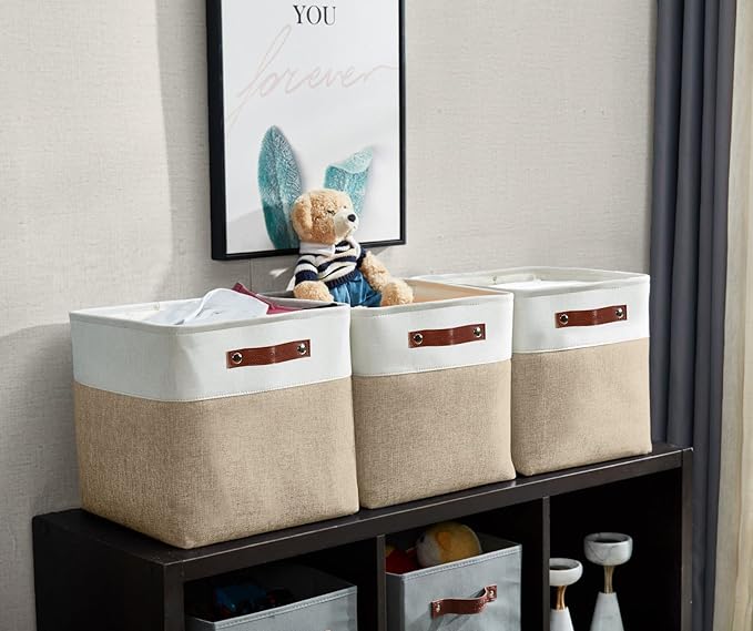 DECOMOMO 13 Inch Cube Storage Bins, Fabric Storage Cube, Basket for Kallax Shelves (Beige & White, Cube 13" - 4 Pack)