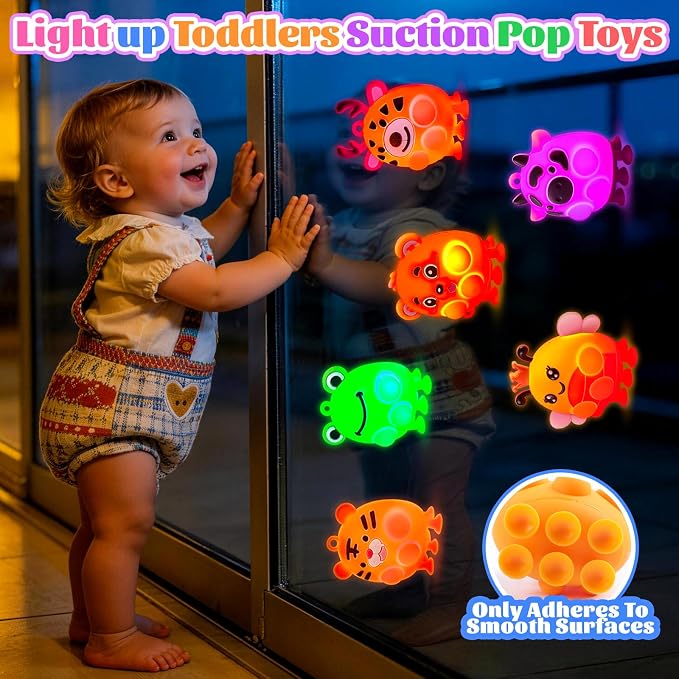 ChildFun 6PCS Light Up Animal Suction Popper Fidget Toys, Baby Bath Toys, Travel Airplane Road Trip Car Activities for Toddlers, No Hole Bath Toys, Sensory Toys for Kids with Autism