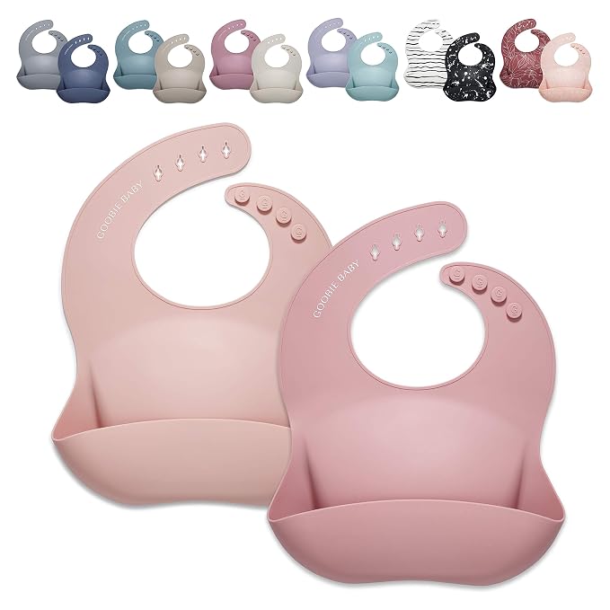 Goobie Baby Silicone Baby Bib with Food Catcher - Adjustable Waterproof Feeding Bib for Babies & Toddlers 4 to 36 Months for Girl and Boy - Modern, Soft, Easy to Clean (2 Pack - Blush/Rose)
