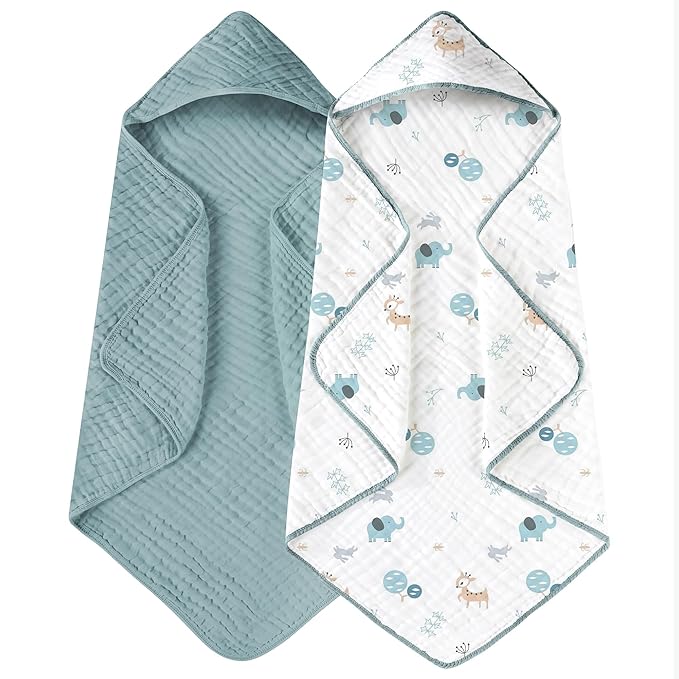 Yoofoss Hooded Baby Towels for Newborn 2 Pack 100% Muslin Organic Cotton Baby Bath Towel with Hood for Babies, Infant, Toddler and Kids, 32x32Inch, Soft and Absorbent Newborn Essential,Blue Elephant