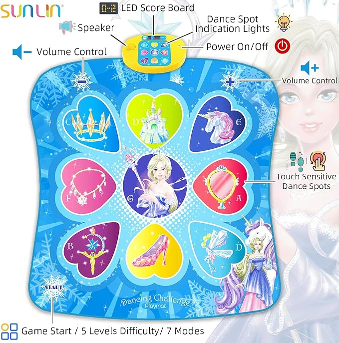 SUNLIN Dance Mat, Gifts Toys for Girls 3 4 5 6 7 8 Years Old, Frozen Theme Toys, Dance Pad with 7 Game Modes, 5 Challenge Levels, 9 Built-in Music, Birthday Gifts for Kids Ages 3-12