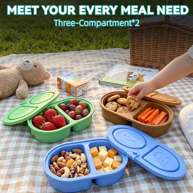 3 Pcs Reusable Bento Box, 2-Compartment Snack & Lunch Container for Adults, Food Grade Silicone, Microwave/Dishwasher/Freezer Safe, Ideal for School, Office, Camping and Picnic