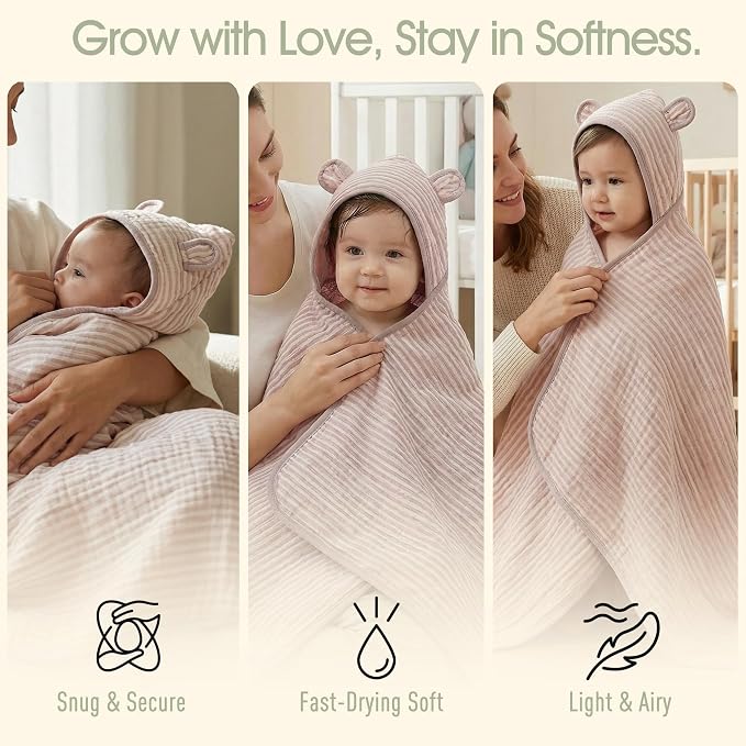 Ultra-Soft Muslin Toddler Hooded Towel – 55 x 28 Inches, Made with Organic Cotton, Gender-Neutral Dusty Pink Striped Jacquard Pattern, Ideal for Bath & Beach, Newborn to Toddler
