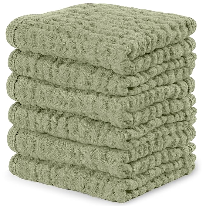 Comfy Cubs Muslin Baby Washcloths 6 Pack - Soft 6-Layer Cotton Wash Cloths for Sensitive Skin - 10"x10" Large, Gentle, Absorbent Infant Essentials for Newborn and Toddlers - Sage