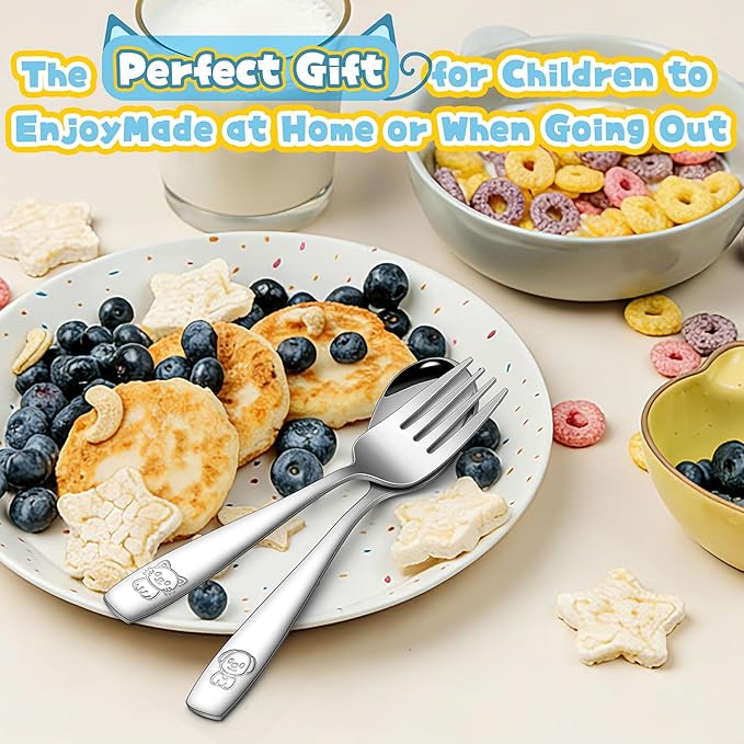 LIANYU Kids Silverware Set, 14 Pieces Stainless Steel Toddler Utensil Set with Small 7 Forks and 7 Spoons, Children Safe Flatware Cutlery for Self-Feeding, Food Grade & Cute Pattern, Dishwasher Safe