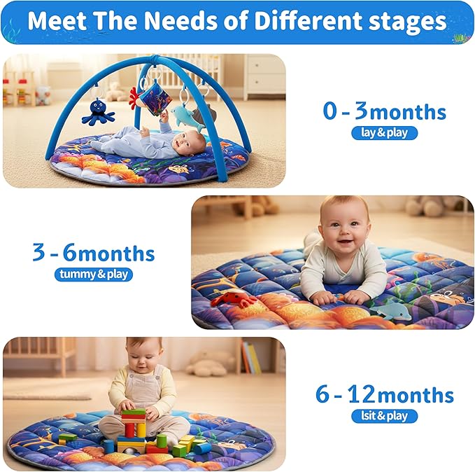 Yeeeasy Ocean Theme Baby Play Gym Mat, Tummy Time Activity Mat with 5 Detachable Marine Toys, Sensory & Motor Skill Development for 0 3 6 9 12 Month Baby and Newborns, Vibrant Deep Blue