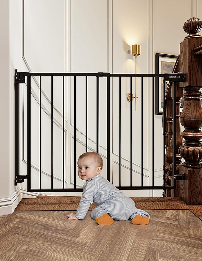 Babelio 29.7-46.5" No Bottom Bar Baby/Dog Gate for Stairs, House and Doorways, Auto Close Safety Pet Gates with Large Walk Thru Door, Hardware Mount, Black