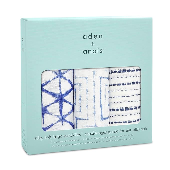 aden + anais Silky Soft Swaddle Blanket,100% Viscose from Bamboo Muslin Blankets for Girls & Boys, Baby Receiving Swaddles, Ideal Newborn & Infant Swaddling Set, 3 Pack, Indigo Shibori