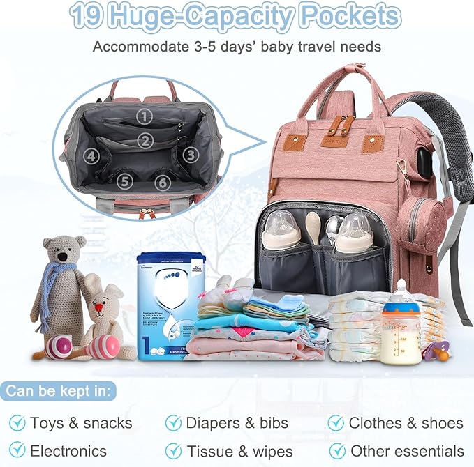 SHITIESHOU Diaper Bag Backpack Baby Bag for Mom Dad with Changing Pad, 19 Pockets, Large Waterproof Travel Baby Girl Boy Toddle Diaper Bag with Insulated Pocket, Baby Shower Gifts, Pink