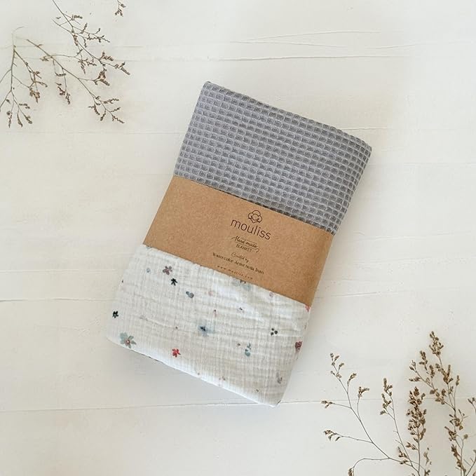 Mouliss Personalized Baby Blanket with Name ??Handmade 100% Organic Cotton Newborn Gift | Custom Knit Blanket for Boys, Girls, Kids & Baby Showers (Light Grey/Galaxy Bloom)