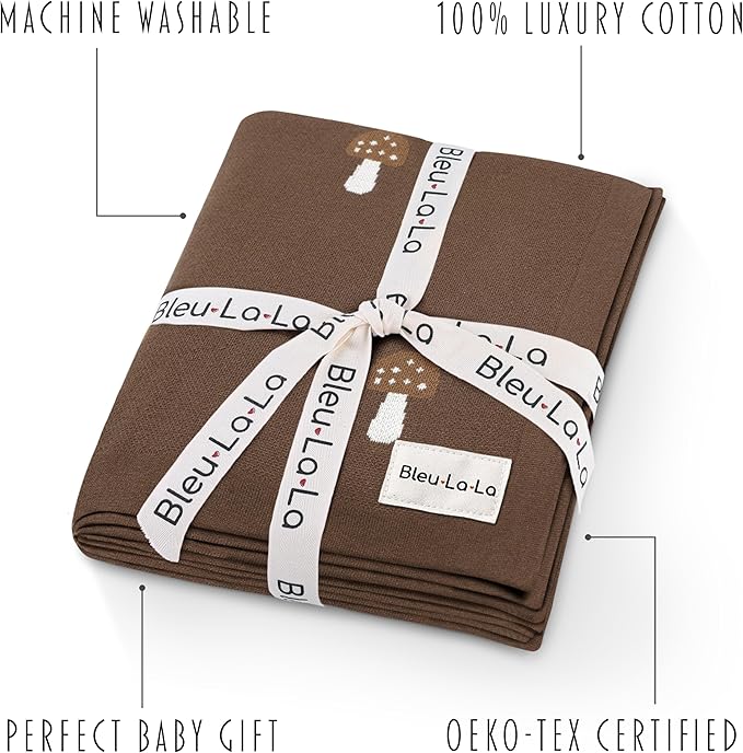 Knit Baby Blanket for Girls and Boys 100% Cotton Buttery Soft Cozy Receiving Swaddle Crib Stroller Blanket for Shower Gift Registry for Newborns, Infants, Toddlers (Mushroom - Mocha)