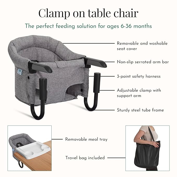 Evolur Clamp-On Comfort Table Chair, Portable Clip-On High Chair for Babies & Toddlers (6??6 Months), Removable Washable Seat Cover, Dishwasher-Safe Tray, Foldable Design with Carry Bag ??Gray