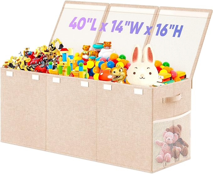 Extra Large Toy Storage Box with Lid Divider, Sturdy Collapsible Toys Organizer Chest Kids Storage Bins Boxes Baskets for Boys, Girls, Nursery, Bedroom, Living Room, Playroom, 40"x14"x16", Beige