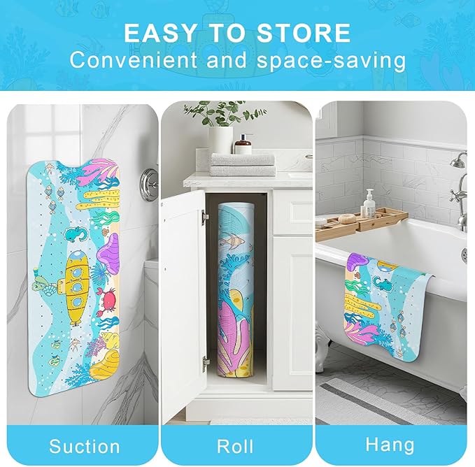 Upgrade Cartoon Baby Bath Mat Non Slip -40"x16" Extra Long Bathtub Mat for Baby Eco Friendly Durable Bath Mat for Tub Non Slip Kids Tub Mat with Suction Cups, Machine Washable and No Fading, Submarine