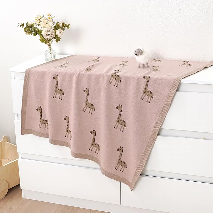 Opewod Soft Cotton Knit Baby Blanket with Cute Deer Print 40x30in Newborn Receiving Blanket Swaddle Cuddle Blanket for Crib, Stroller, or Nursery for Infants & Toddlers Pink