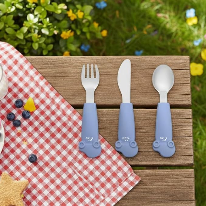 Stainless Steel Silverware Set – Silicone Handle Fork, Spoon & Knife – BPA-Free, Self-Feeding Toddler Utensils | Car Design (Blue)