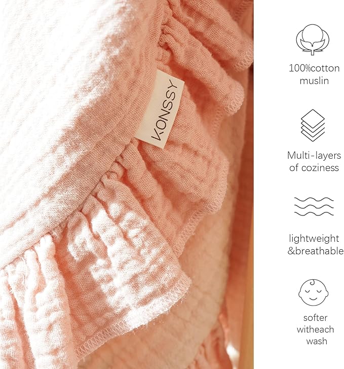Konssy Flounce Muslin Baby Blanket for Girls Boys, 100% Cotton Soft Crib Swaddle Blankets, Reversible & Breathable Nursery Bedding for Newborns Toddlers, 40 x 36 Inches (Moon)