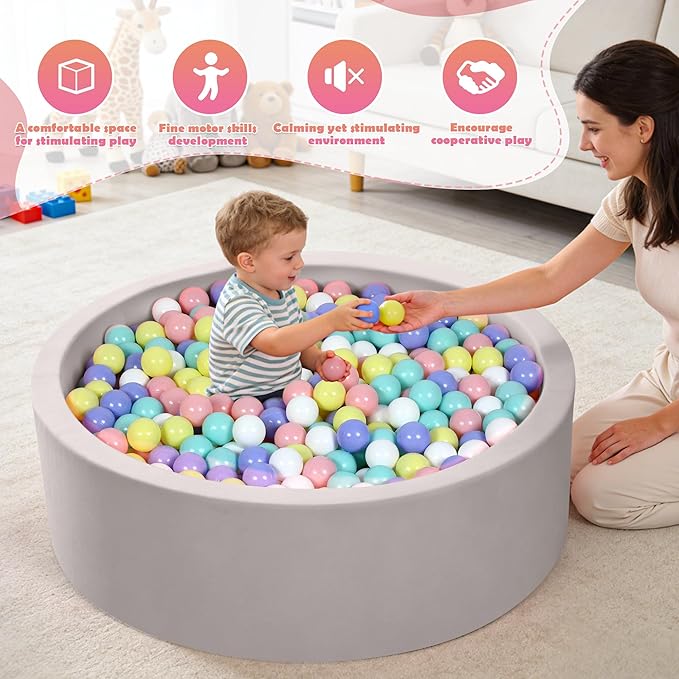 Foam Baby Ball Pit 35.4"x 11.8" for Toddlers, Soft Round Kiddie Playpen Ball Pool for Kids with Soft Memory Sponge for Babies Indoor Game(Balls not Included) Light Gray 35.4IN