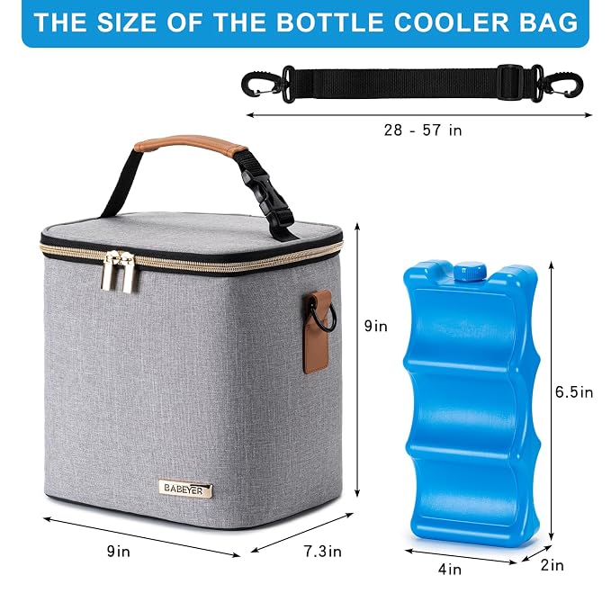 Breastmilk Cooler Bag with Ice Pack Fits 6 Baby Bottles Up to 9 Ounce, Baby Bottle Bag with Shoulder Strap for Nursing Mom Daycare, Grey