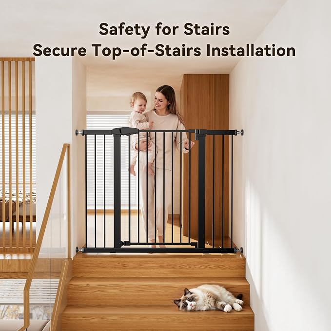 Fldofaves 42" Extra Tall Pet Gate for Cats and Dogs, Fits 29.5"-46" Wide Openings, Pressure Mounted Auto Close Cat Gate with Ultra Narrow Bar Spacing for Doorways, Stairs, Hallways(Black)