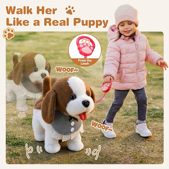 Talkfun Interactive Plush Puppy Toys for 1,2,3 Year Old Boy Girl Gifts, Musical Walking Dog with Leash, Realistic Pet Play Toy for Toddlers 1?? Age, Soft Stuffed Electronic Puppy with Accessories