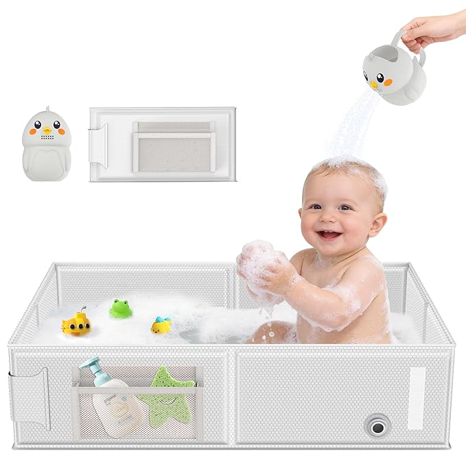 Collapsible Baby Bathtub, Foldable Toddler Bath Tub with Chick Pattern Bath Rinse Cup, No Assembly Portable Travel Bathtub for 6M-5Y, Ideal for Shower, Travel Essentials & Baby Registry Gift
