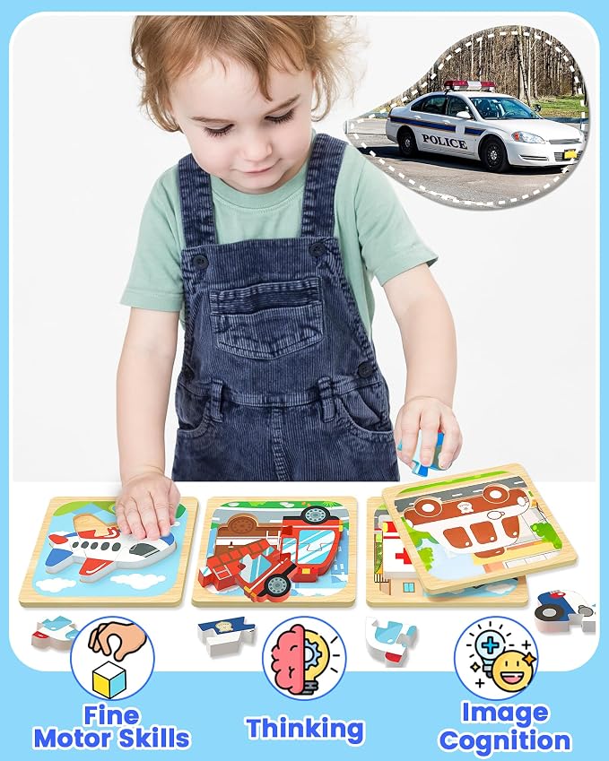 Benresive Wooden Toddler Puzzles for Boys Girls Age 1 2 3, 4 Pack Montessori Vehicle Toys, Educational Preschool Learning Toys, Great Birthday Gifts for Toddlers