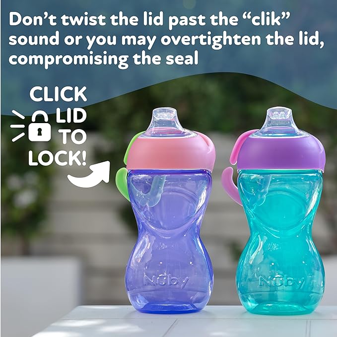 Nuby No-Spill Clik-It Soft Spout Sippy Cup with Carabiner Clip - (3-Pack) 10 oz - Baby Sippy Cup for 6+ Month Old with Easy Grip - Aqua/Pink/Purple