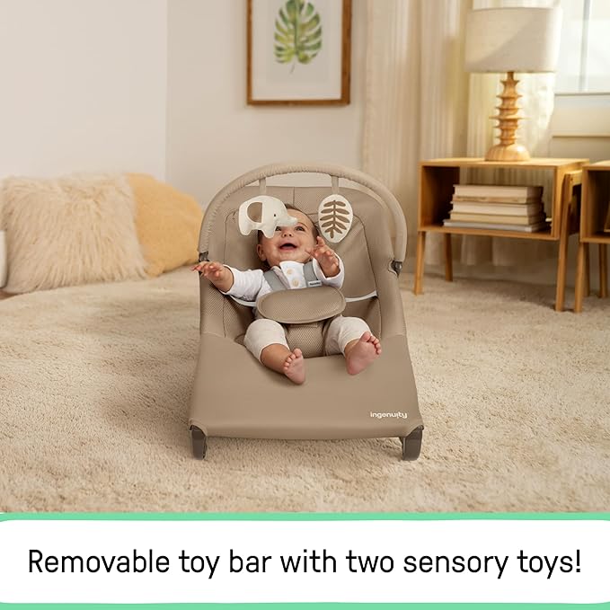 Ingenuity Nestle Vibrating Rocker, Lightweight Foldable Infant Seat with Breathable Fabric, 2-Position Recline, Mini Vibration Unit, 5-Point Harness