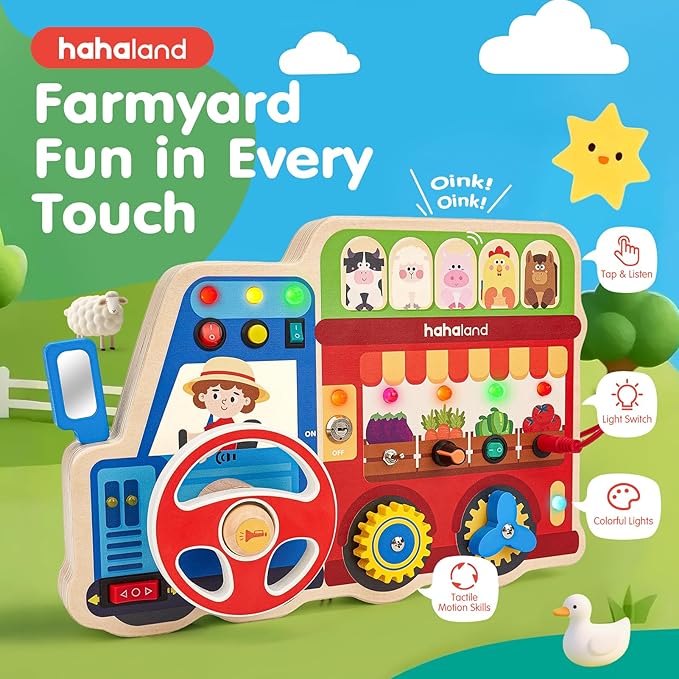 hahaland Montessori Busy Board for Toddlers 3-5, 18-in-1 Wooden Sensory Activity Board with LED Lights & Switches, Educational Montessori Toy for Fine Motor Skills, Kids Gift