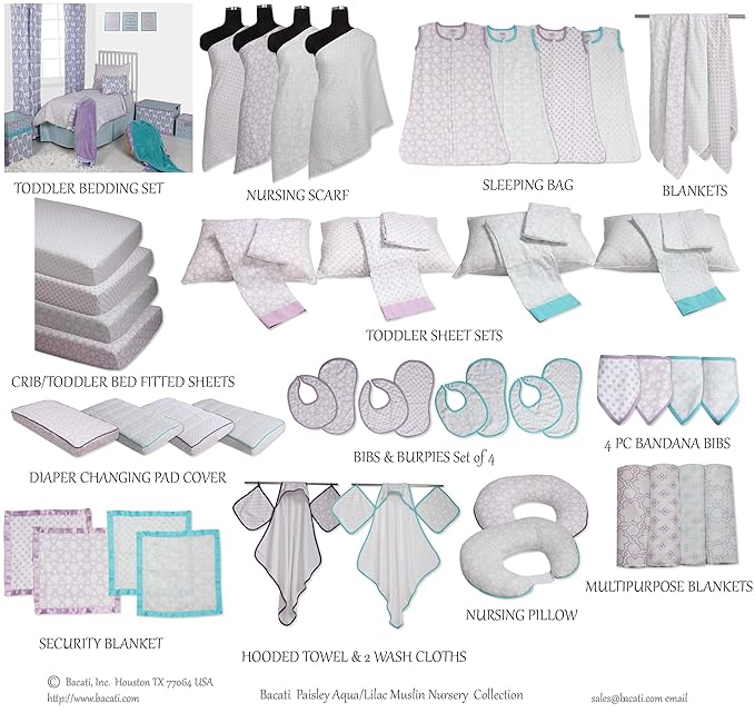 Bacati - 4 Pack Baby Blanket Swaddle Wrap Soft Breathable Cotton Muslin Swaddle Blankets Receiving Blanket for Girls, Large 45 x 45 inches (Petals/Floral Lilac/Aqua)