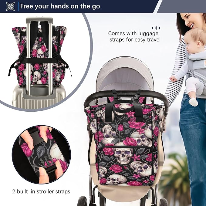 Purple Skull Rose Diaper Bag – Insulated, Travel for Mom