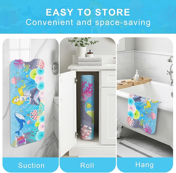 Upgrade Cartoon Baby Bath Mat Non Slip - 40"x16" Extra Long Bathtub Mat for Baby Eco Friendly Durable Bath Mat for Tub Non Slip Kids Tub Mat with Suction Cups, Machine Washable and No Fading, Mermaid