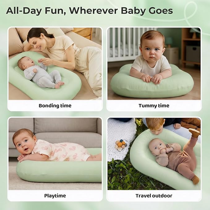 Infant Support Cushion - Baby Support Cushion for Newborn, 0-24 Months, Breathable Cotton Tummy Time Mat, Supervised Use, Portable Newborn Essentials for Home and Travel, Sage Green (Cover Included)
