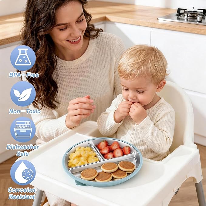 HaWare 3 Pack Stainless Steel Baby Suction Plates, 9 Inch Divided Toddler Plate with Removable Silicone Sleeves, Non Toxic & BPA Free Kids Feeding Set, Dishwasher Safe (Blue/Pink/Gray)