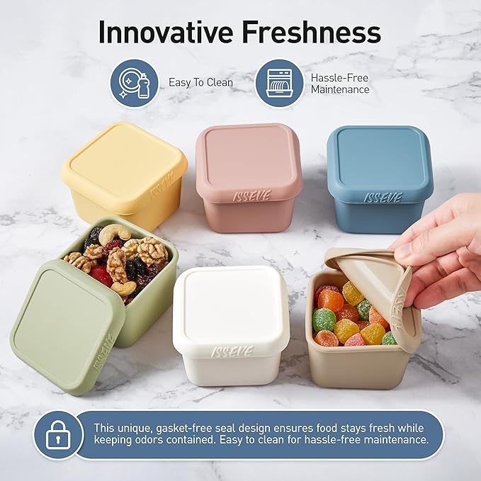ISSEVE 6Pack 6oz Silicone Snack Containers for Kids, Reusable Small Containers with Lids, Leak Proof Silicone Food Storage Containers, Children Kids Lunch Box for Daycare, School, Travel