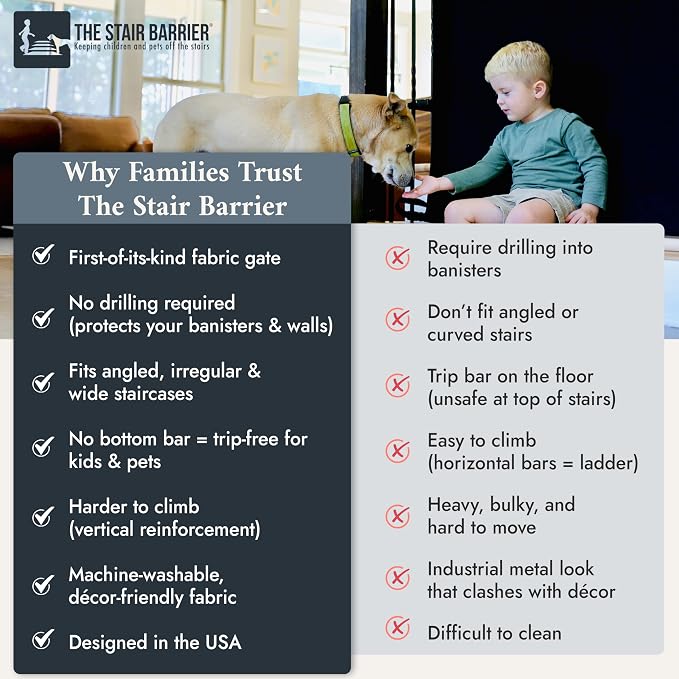 The Stair Barrier First Fabric Banister to Banister Baby Gates for Stairs 42”–52” Wide x 32” Tall– No Drill Baby Gate for Top or Bottom Staircase, Machine-Washable Climb Proof, Designed in USA, Black