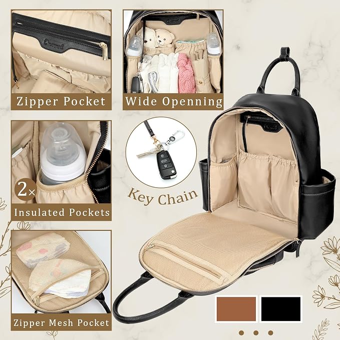 Omanmoli Diaper Bag Backpack,Leather Baby Bag with 16 Pockets,Large Travel Diaper Backpack,Baby Essential Organizer,4 Insulated Pockets,Changing Pad,Black