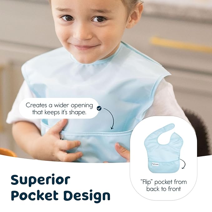 Tiny Twinkle Mess-Proof Baby Bibs for Eating | Waterproof, Wipeable Toddler Bibs with Catch-All Pocket | Feeding Bibs for Girls & Boys(3 Pack, Space)