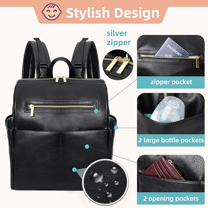 MOMINSIDE Diaper Bag Backpack, Leather Backpack with 16 Pockets for Mom Dad, Baby Registry Search, Fits 15 Inch Laptop, 4 Insulated Pockets, Silver Zipper, Black