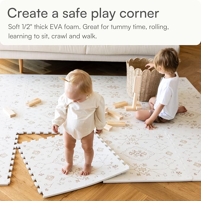 Lillefolk Baby Play Mat for Floor – 6x8ft Vintage Vanilla |PFAS Free Non Toxic Premium EVA Foam Tiles for Tummy Time, Crawling & Playpen – No Loose Edges Floor Mat for Babies & Toddlers (12 Tiles)
