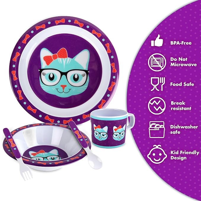 Bentology 5 Pc Mealtime Set for Kids - Kitty Cat Theme - Includes Raised Edge Plate & Bowl, Cup, Fork & Spoon - Dishwasher Safe, BPA Free - Cute Durable Dish, Easy Self-Feeding - Gift for Toddlers