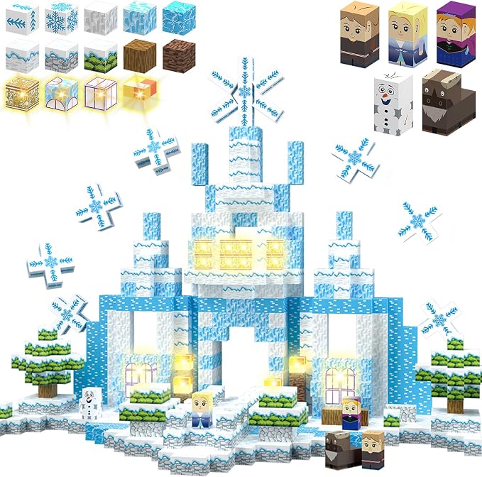 Daoyehsy 200PCS Magnetic Blocks Building Toys, 1" Light Up Building Blocks Magnet Cubes Tiles for Toddlers Boys Girls 3+, Build 3D Snow World, STEM Sensory Construction Toys