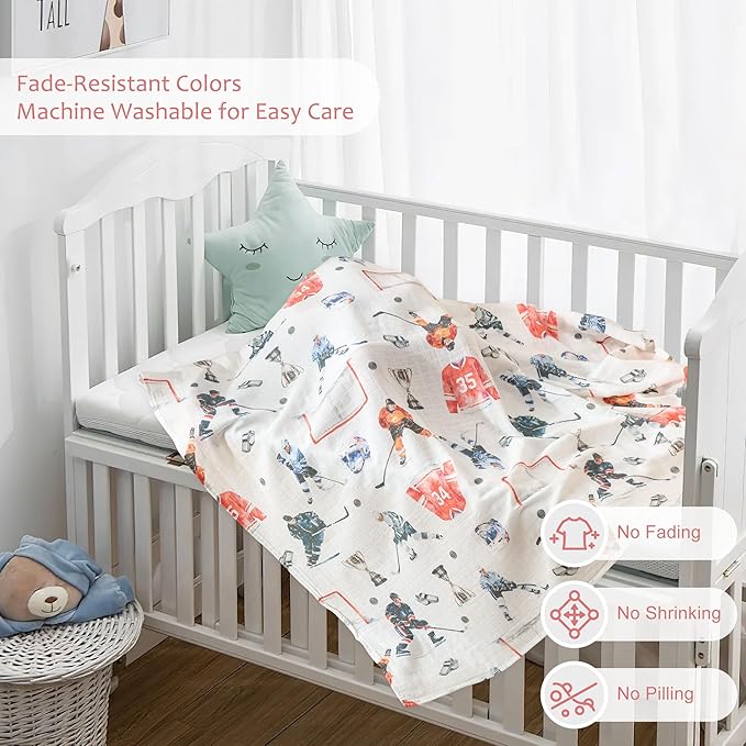 Muslin Swaddle Blankets for Newborn, Large 47"x47" Soft Breathable Bamboo Cotton Baby Blanket, Lightweight Receiving Blanket for Boys and Girls, Hockey Match