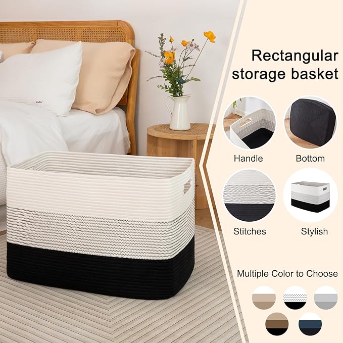 OIAHOMY 108L Large Cotton Rope Basket, Rectangle Woven Baskets for Storage, Nursery Blanket Storage Living Room, Toy Basket With Handle-25?�x16?�x16??Gradient Black