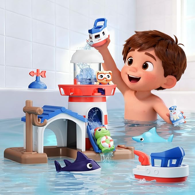 iPlay, iLearn Bath Toys for Toddlers 2-4, Kids Lighthouse Bathtub Shower Toy Set, Wind up Swimming Boat, Baby Bathtime Floating Fish Water Play, Fun Birthday Gifts for 18 Month 3 5 6 Year Old Boy Girl