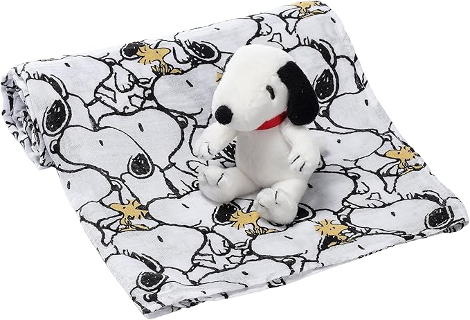 Lambs & Ivy Snoopy Muslin Swaddle Blanket & Mini Plush Newborn Baby Gift Set