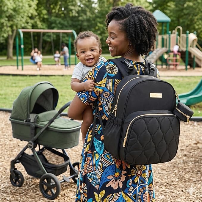 Baby Essentials 3 in 1 Diaper Bag Backpack, Changing Pad & Pacifier Pouch for Newborns, Infants, Toddlers - Quilted, Smooth, Sheek, Padded in Design, Black