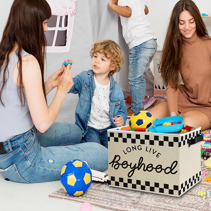 Black and White Checkered Long Live Boyhood Boys Storage Bins Box with Handles, Collapsible Basket Organizer for Kids Teen Boy Nursery Room Bedroom Bathroom Playroom Toys Books Clothes