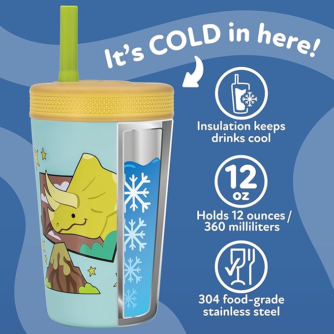 Nuby Thirsty Kids Insulated Toddler Cup with Silicone Flexstraw - 12 oz - Stainless Steel and Leak-Resistant - 18+ Months - Dinosaurs